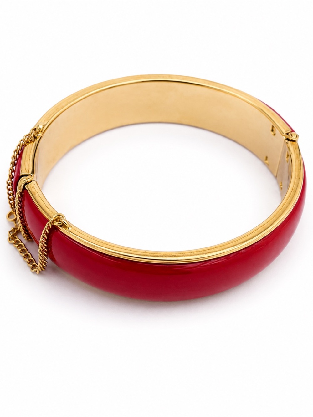 Vintage Red Enamel Gold Tone Hinged Bangle Bracelet Retro Chic